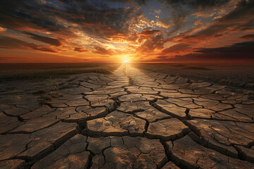 Dramatic Sunset over Cracked Earth in Arid Landscape