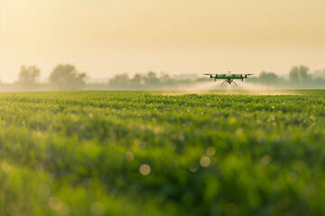 Agricultural Drone Spraying Fertilizer on Crop Field at Dusk
