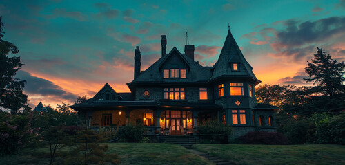 Twilight envelops a 1920s French provincial house in Lakewood, with the turret silhouetted against a deep turquoise sky, windows glowing softly - obrazy, fototapety, plakaty
