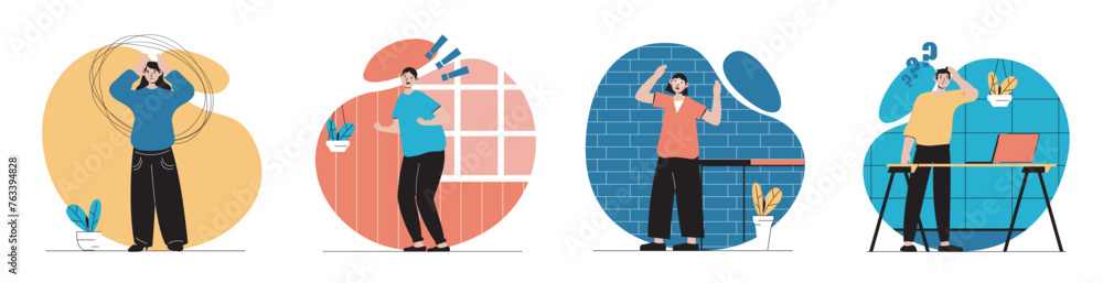 Aufkleber Stress expression concept with people scenes set in flat web design. Bundle of character situations with frustrated and upset men and women crying and feeling negative emotions. Vector illustrations.