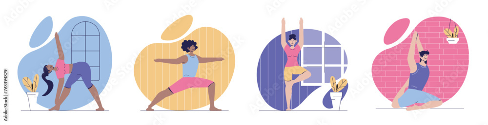Aufkleber Yoga training concept with people scenes set in flat web design. Bundle of character situations with men and women practicing asanas, doing pilates and gymnastic exercises. Vector illustrations.