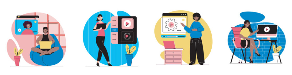 Video tutorial concept with people scenes set in flat web design. Bundle of character situations with men and women watching online tutorials, getting knowledge at webinars. Vector illustrations.