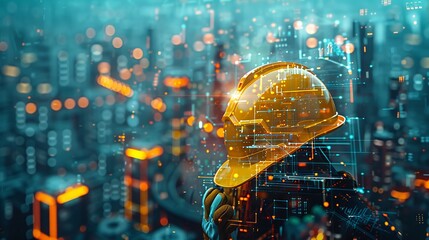 Bright yellow hard hat and gloves awaiting their wearer amidst the city skyline and cranes