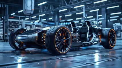 Fototapeta premium Futuristic electric sport fast car chassis and battery packs with high performance or future EV factory production