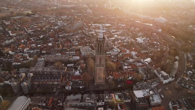 Aerial view of Amersfoort at spring season with the Lieve Vrouwe Tower, The Netherlands, Town Skylin