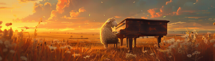 A sheep stars in a farm concert playing the piano under a 3D cartoon sky enchanting the animal audience with melodies of freedom and joy hyper realistic. - obrazy, fototapety, plakaty