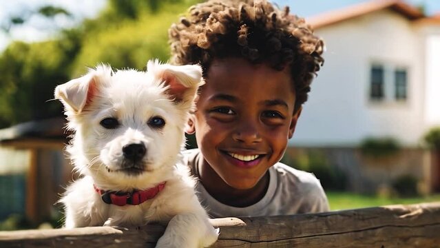 Sunny day portrait, african child, braids, small white dog, family love, pet care.