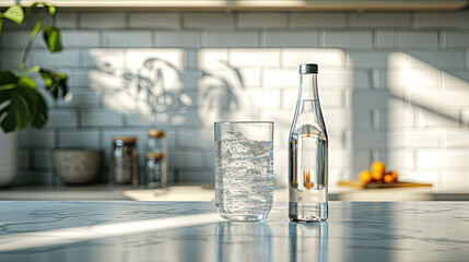 Bottle with water on the kitchen, heathy life concept  - obrazy, fototapety, plakaty
