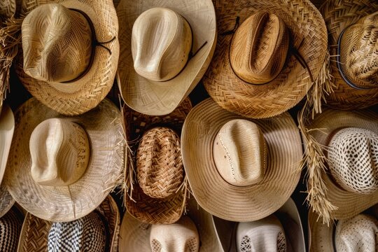 Row of straw cowboy hats hanging on a wall