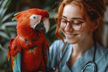 Red-haired veterinarian smiling at a colorful parrot.