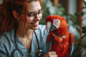 Red-haired veterinarian smiling at a colorful parrot.