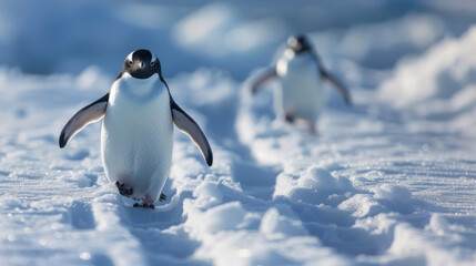 Obraz premium Two penguins walking in the snow