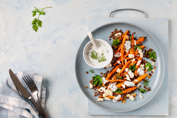 Roasted Carrot Lentil Salad with Feta, Yogurt and Dill.