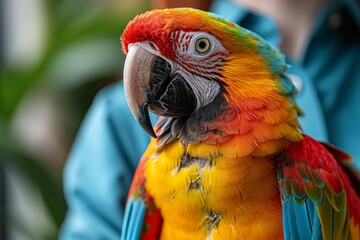 Close-up of a veterinarian with a vibrant macaw.