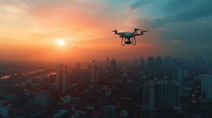 Fototapeta na wymiar Futuristic passenger drone flying in the sky over modern city for future air transportation