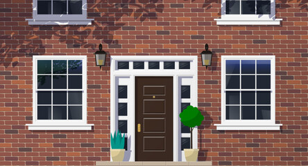 brick house facade exterior  entrance door architectural front view vector illustration 