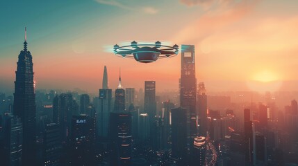 Futuristic passenger drone flying in the sky over modern city for future air transportation - obrazy, fototapety, plakaty