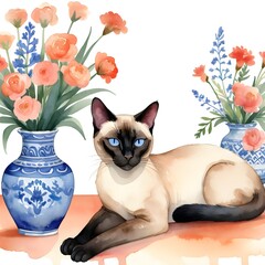 Beautiful siamese cat lying on table next to vases of flowers