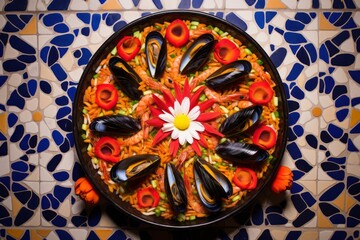 Obraz na płótnie Canvas Hearty paella on a plastic tray against a ceramic mosaic background