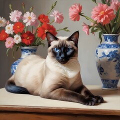 Siamese cat lying on table next to floral arrangements