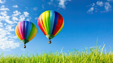 Naklejka premium A hot air balloon festival with balloons floating over a field of vibrant wildflowers.