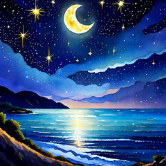 푸른 밤하늘과 별과 달과 바다 - obrazy, fototapety, plakaty