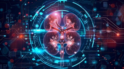 Obraz premium Futuristic medical research or kidney health care with diagnosis and vitals infographic biometrics for clinical