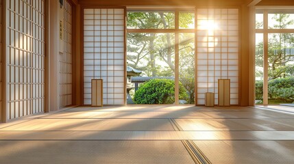 Obraz premium Serene tatami room bathed in the gentle glow of natural light