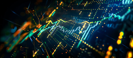 Dynamic stock market graphs and charts in vibrant colors illustrate financial data analysis and trends. Bright lines depict fluctuating stock values, with peaks and troughs indicating performance.  - obrazy, fototapety, plakaty