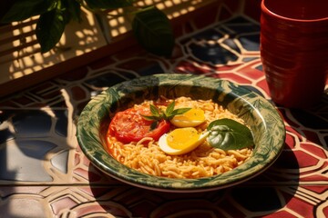 Juicy ramen on a palm leaf plate against a ceramic mosaic background