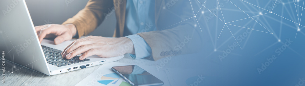 Poster man working in computer on desk