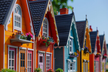 A close-up of a row of miniature, brightly colored houses with exceptional detail, including window...