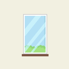 Create a vector illustration of windows with white frames. Collection of plastic windows of various types. Interior and exterior elements