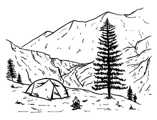 sketch of camping in nature and mountains