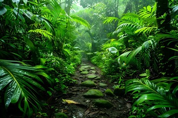 Costa Rican Rainforest: A Serene Natural Background in North America. Concept Wildlife Photography, Lush Greenery, Breathtaking Scenery, Tropical Paradise, Eco-Tourism