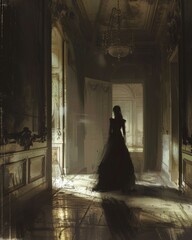 A ghostly French maiden, wandering the halls of a chateau, her silhouette barely seen in the flickering candlelight