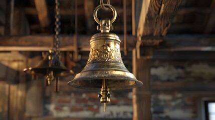 An immersive 3D model of a delightful brass bell, with a clapper that laughs and rings in melodious chimes