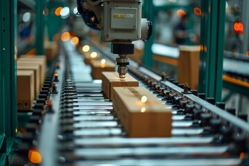 A robotic arm precisely positions a part on a manufacturing conveyor belt.