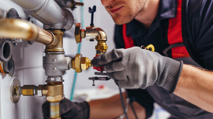 plumber at work, plumber working on tubes pipes 