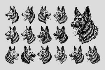 Detailed side view german shepherd dog head sticker design set