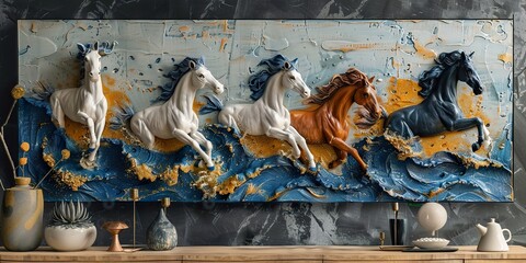 7 horses wall frame - obrazy, fototapety, plakaty