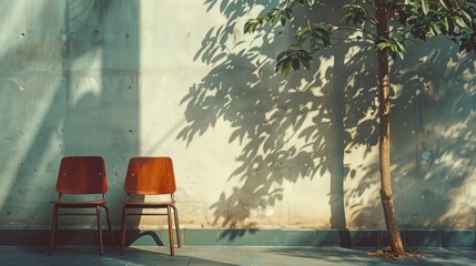 Real life with real shadows imitating trees next to wooden chairs. Serene interplay of light and shadows in urban green spaces