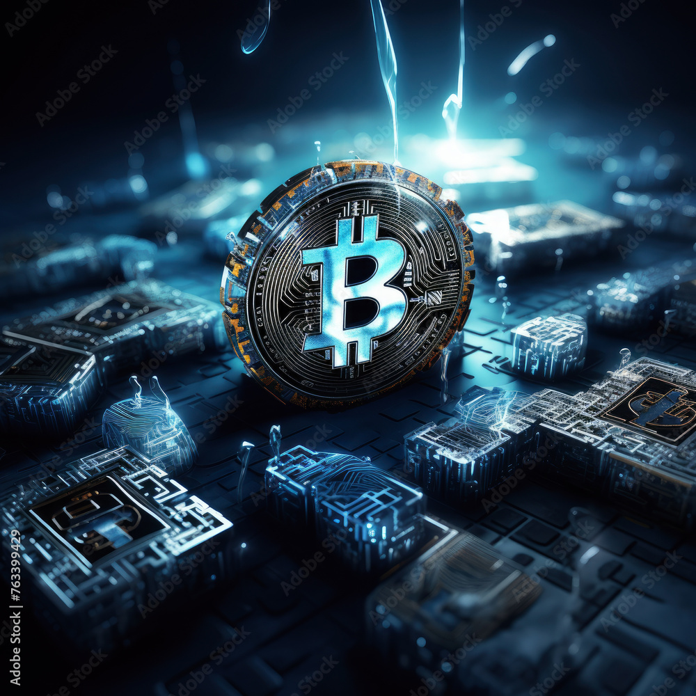 Poster a blue and white bitcoin symbol is surrounded by a lot of other symbols and wires. concept of comple