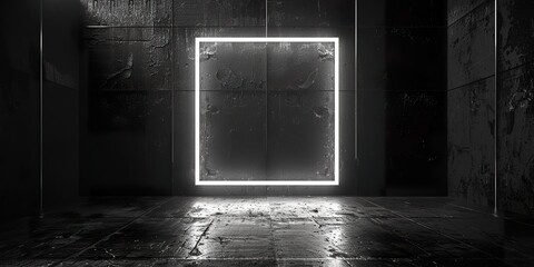 3d render, modern conceptual black background with glowing neon square, blank frame.