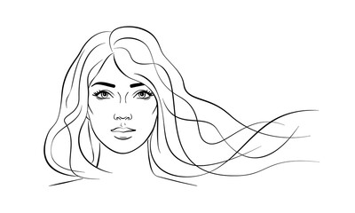 beautiful woman face portrait long wavy hair  line drawing outline style vector illustration - 763400057