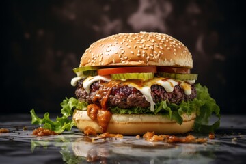 Delicious burguer on a marble slab against a galvanized steel background