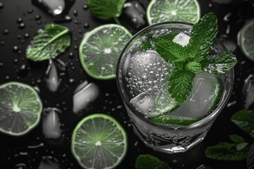A close-up of a sparkling mojito with lime and mint, with ice cubes and droplets on a black backdrop.
