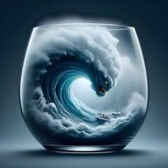 AI Generated an illustration of a monster tsunami angry in the ocean with dark storm clouds in a glass cup