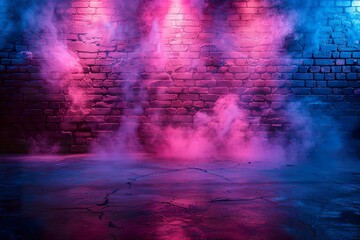 Brick wall texture pattern, blue, and purple background, an empty dark scene, laser beams, neon, spotlights