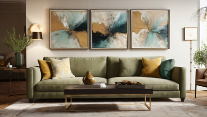Living room with 2 trendy high end artistic abstract oil paintings on wall behind sofa, Generative AI